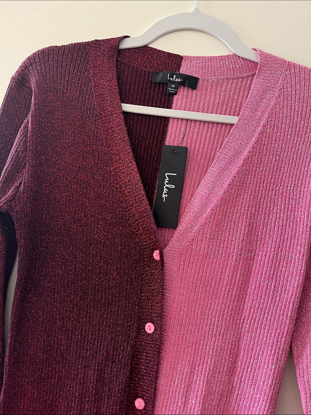 Two-Tone Burgundy and Pink Ribbed Button-Front Dress